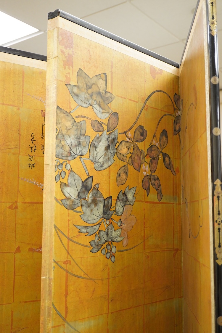 A 20th century Japanese four fold screen, each panel 91 x 46cm